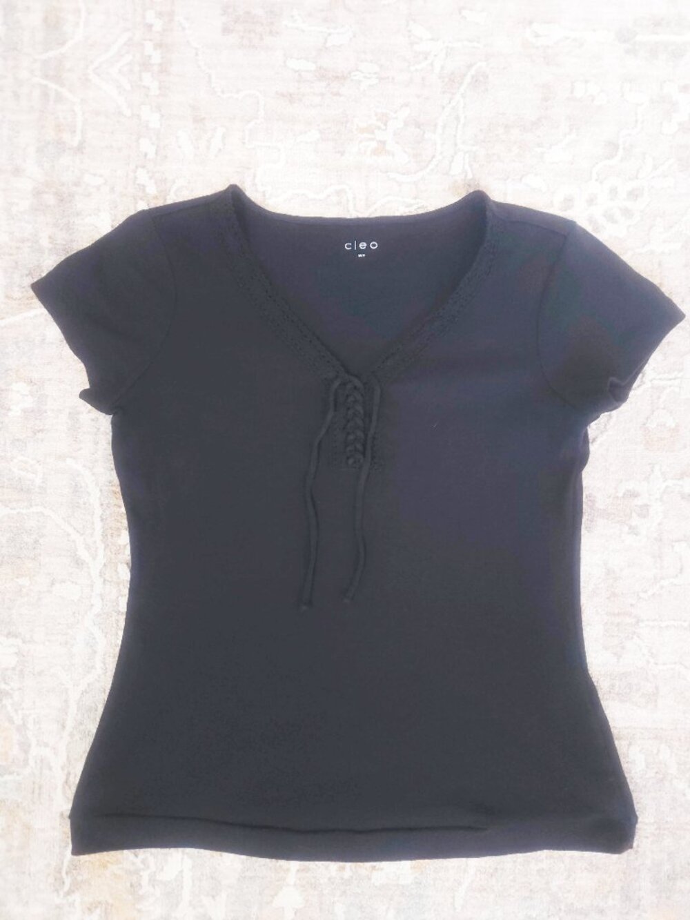 Cleo Black Lace-Up V-Neck T-Shirt — Size M